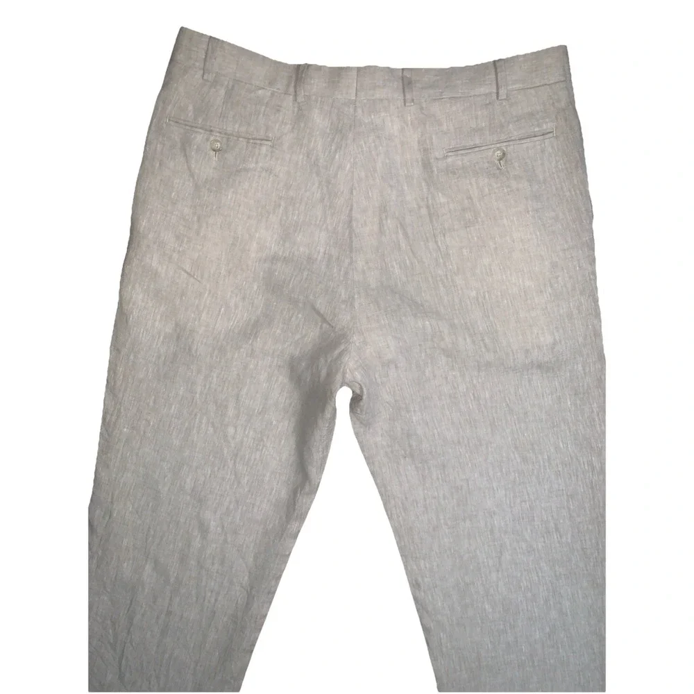 Haspel Linen Pants Oxford Dress Mens 38R Pleated Cuffed Beige Tan Summer Preppy